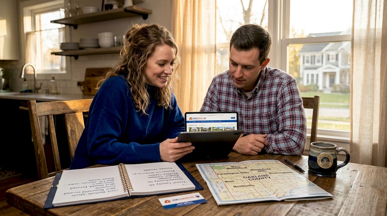 Young couple researching how to find a realtor as first time home buyers at kitchen table in Farmington Hills Michigan — best realtor Farmington Hills Michigan Tom Gilliam RE/MAX Classic — Homes2MoveYou.com 248-790-5594