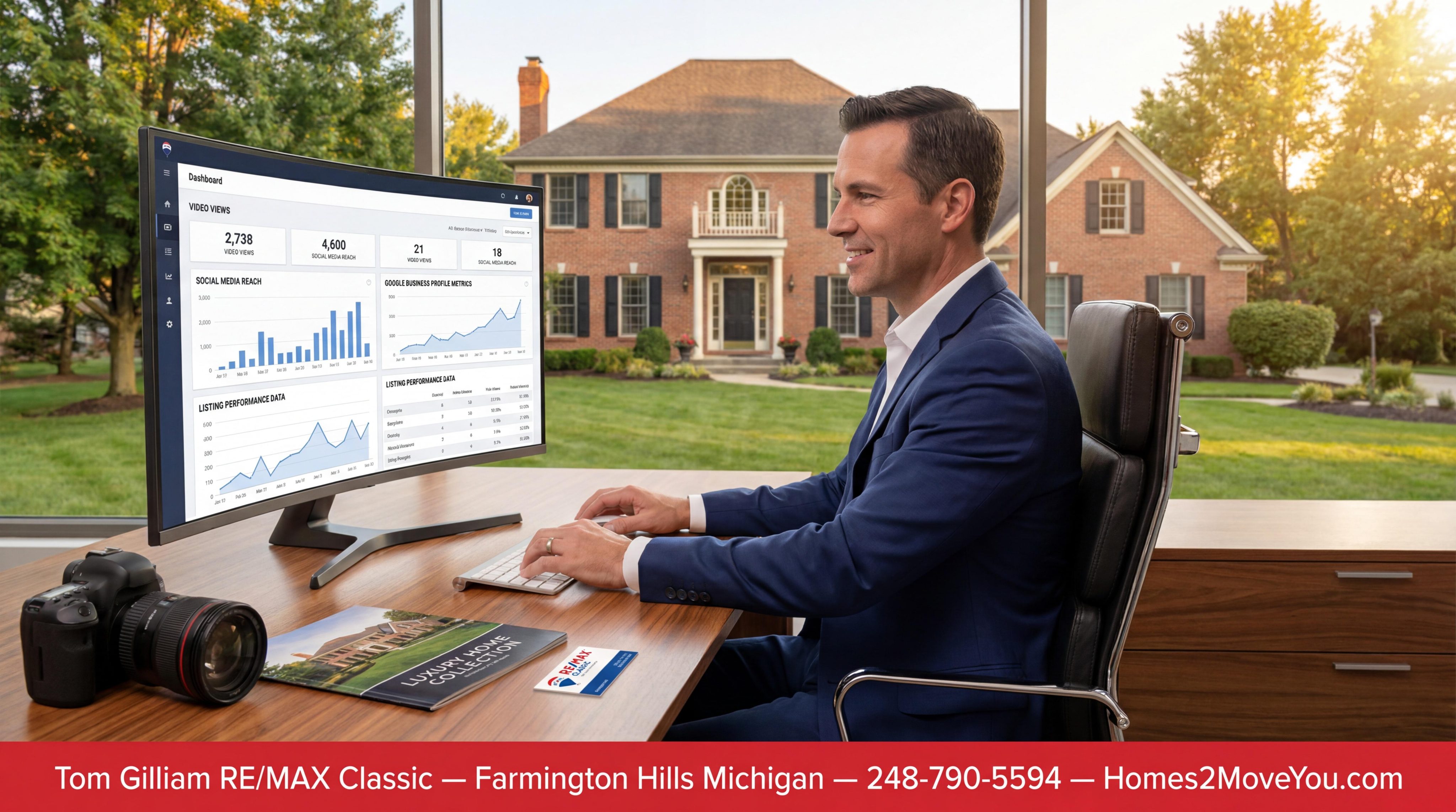 Luxury real estate marketing specialist reviewing digital marketing analytics and listing performance data for Oakland County Michigan luxury homes presented by Tom Gilliam best realtor Farmington Hills Michigan at RE/MAX Classic