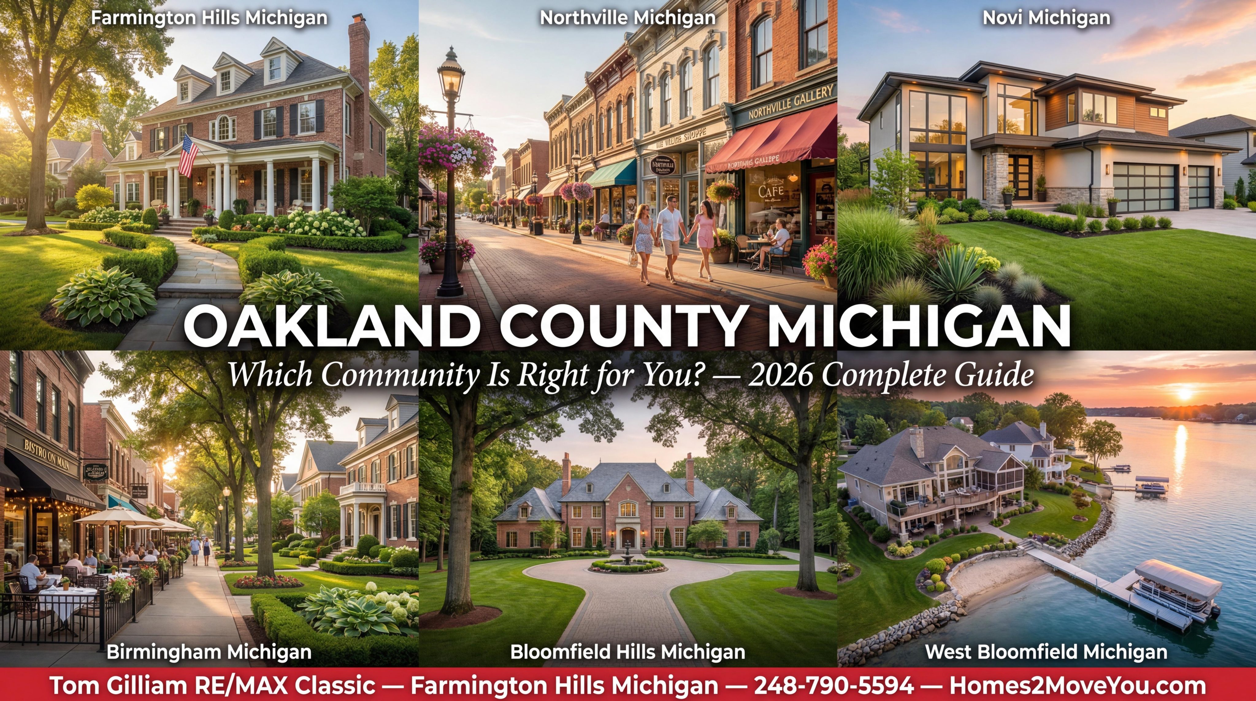 Oakland County Michigan neighborhood guide 2026 comparing Farmington Hills Northville Novi Birmingham Bloomfield Hills and West Bloomfield communities presented by Tom Gilliam best realtor Farmington Hills Michigan at RE/MAX Classic