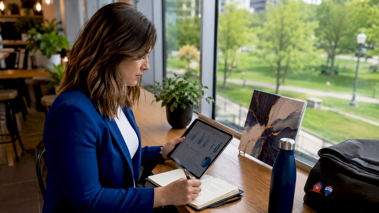 Real estate agent reviewing digital marketing analytics on tablet at modern workspace — The Role of Digital Marketing in Real Estate 2026, Tom Gilliam RE/MAX Classic Oakland County Michigan