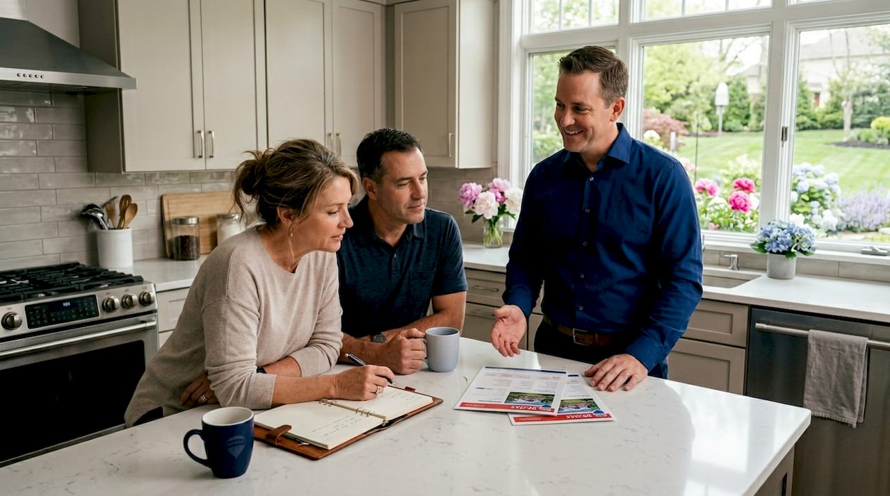 Realtor consulting couple at kitchen table reviewing listing documents in Oakland County Michigan home — how to find a realtor to sell my home Oakland County — Tom Gilliam RE/MAX Classic Farmington Hills Michigan — Homes2MoveYou.com 248-790-5594