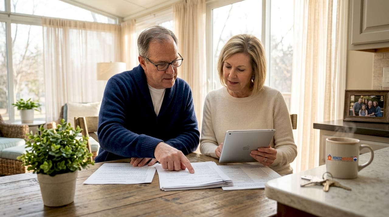 Senior couple reviewing Oakland County Michigan downsizing paperwork and home search on tablet at kitchen table — Homes2MoveYou.com mug visible — Tom Gilliam SRES RE/MAX Classic Farmington Hills Michigan — downsizing Oakland County Michigan 2026 — 248-790-5594