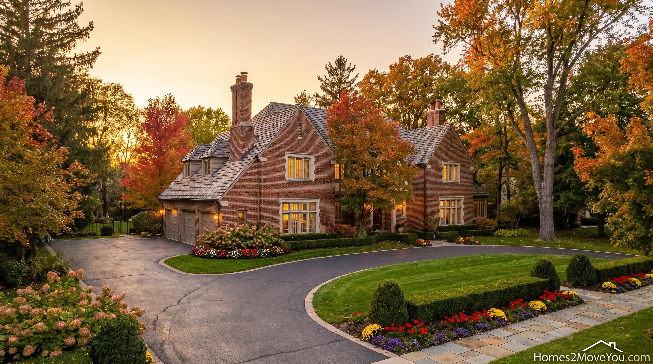 Elegant luxury brick estate home in Farmington Hills Michigan at golden hour — senior relocation luxury homes Farmington Hills Michigan 2026 — best realtor Farmington Hills Michigan Tom Gilliam RE/MAX Classic — Homes2MoveYou.com 248-790-5594