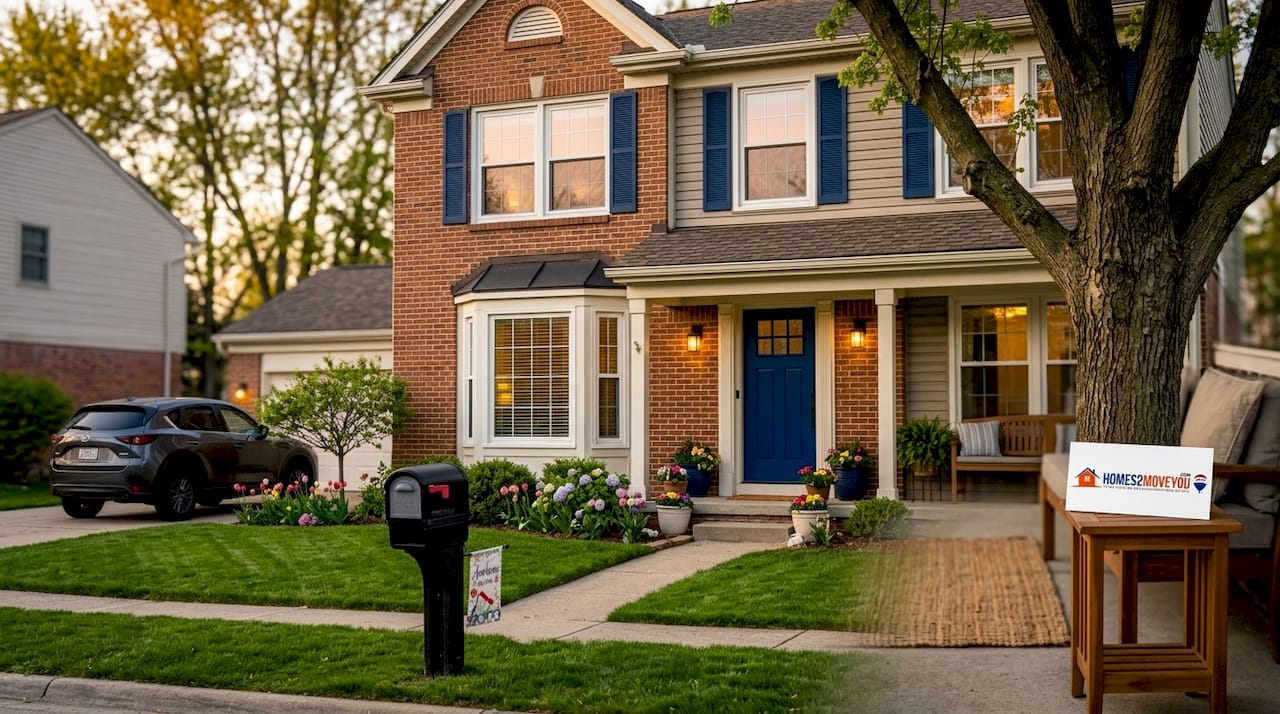 Brick suburban home with blue shutters and fresh curb appeal at golden hour — how to market your house for sale Oakland County Michigan 2026 — Homes2MoveYou.com sign visible — Tom Gilliam RE/MAX Classic Farmington Hills Michigan — 248-790-5594