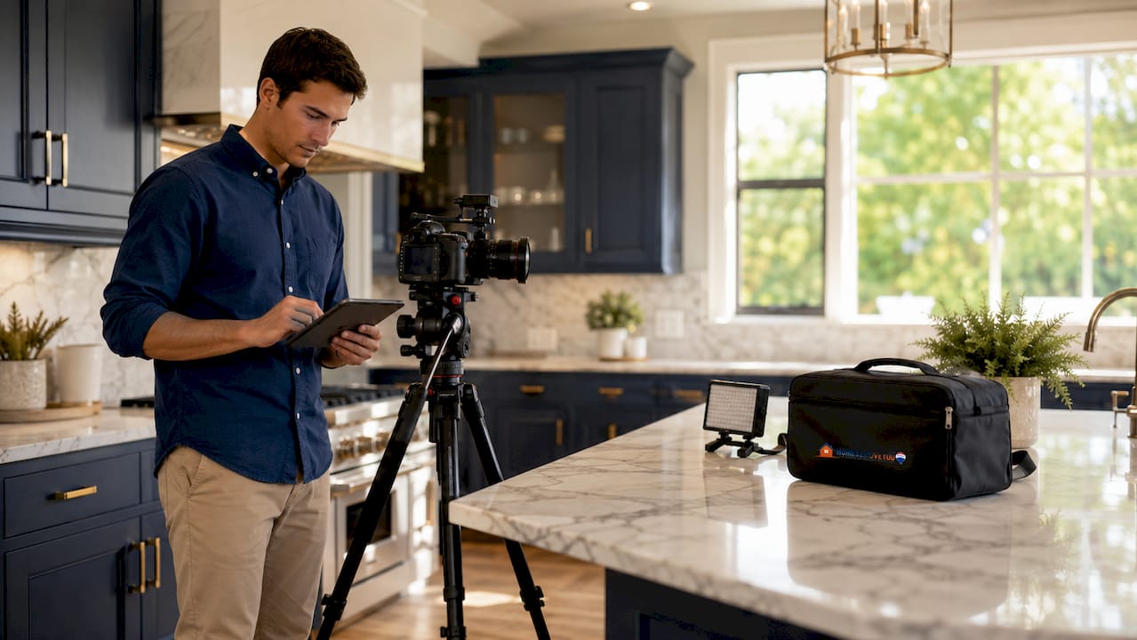 Videographer setting up camera equipment in a luxury kitchen for a real estate listing video shoot — Homes2MoveYou Tom Gilliam RE/MAX Classic Oakland County Michigan