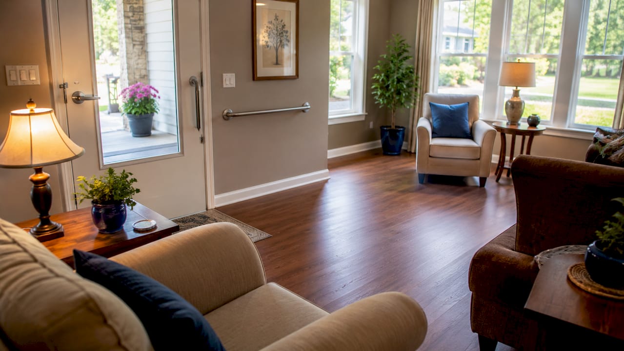 Warm, well-lit living room interior with a discreet grab bar near the entry door and comfortable seating