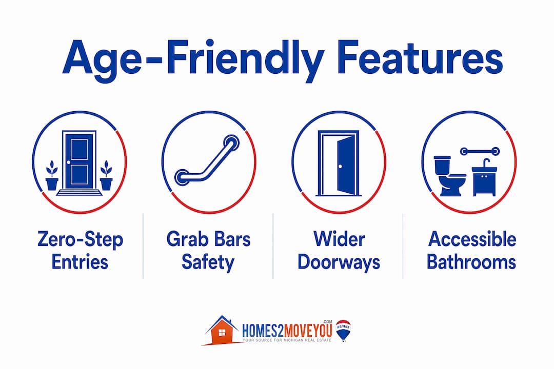 Infographic showing four key age-friendly home features: zero-step entries, grab bars, wider doorways, and accessible bathrooms