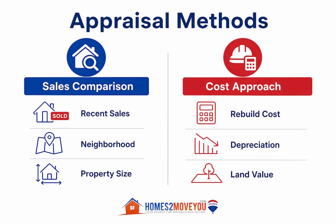 Real estate appraisal methods infographic comparing sales comparison approach and cost approach for Oakland County Michigan home valuations — Homes2MoveYou Tom Gilliam RE/MAX Classic