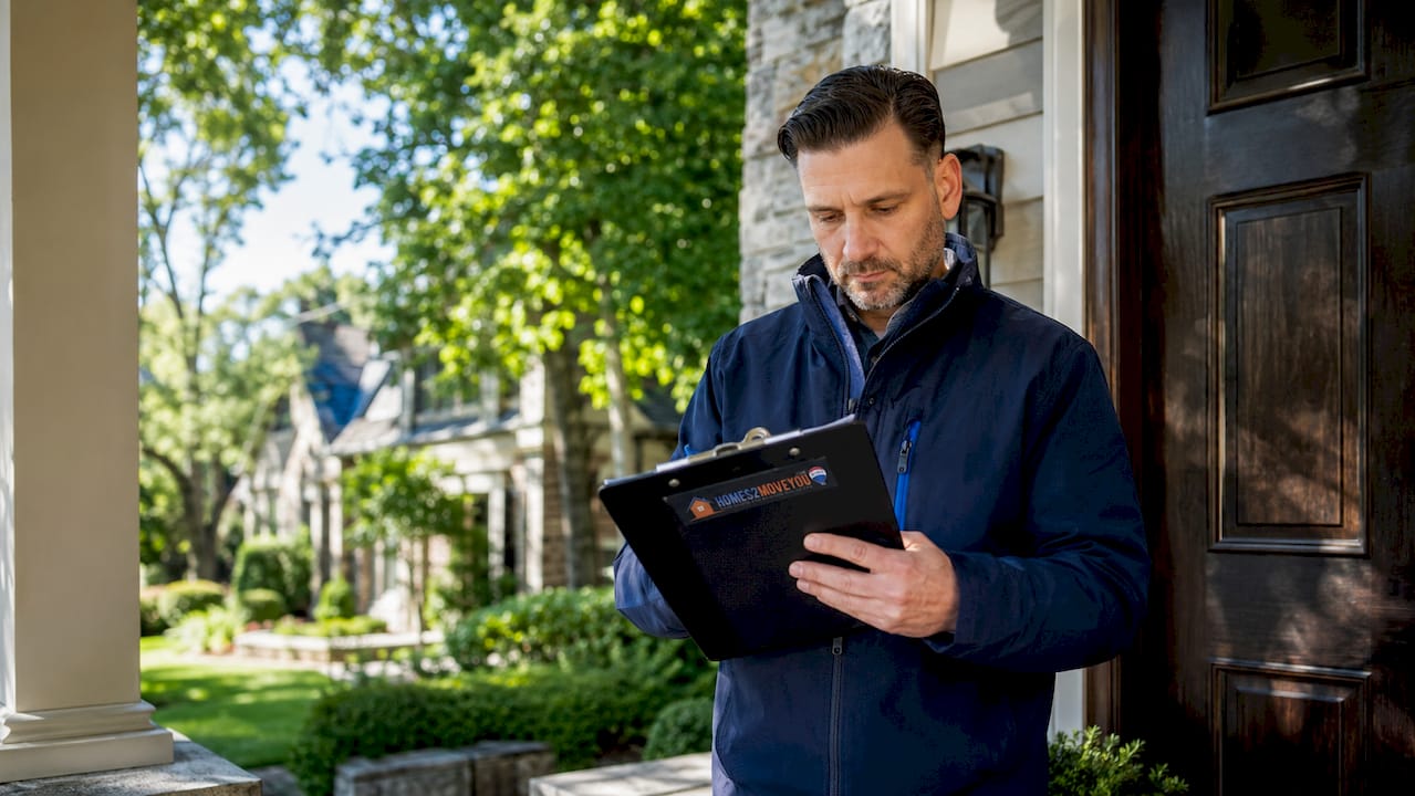 Licensed appraiser inspecting Northville Michigan home exterior with Homes2MoveYou clipboard at stone colonial front door during Oakland County real estate appraisal visit 2026
