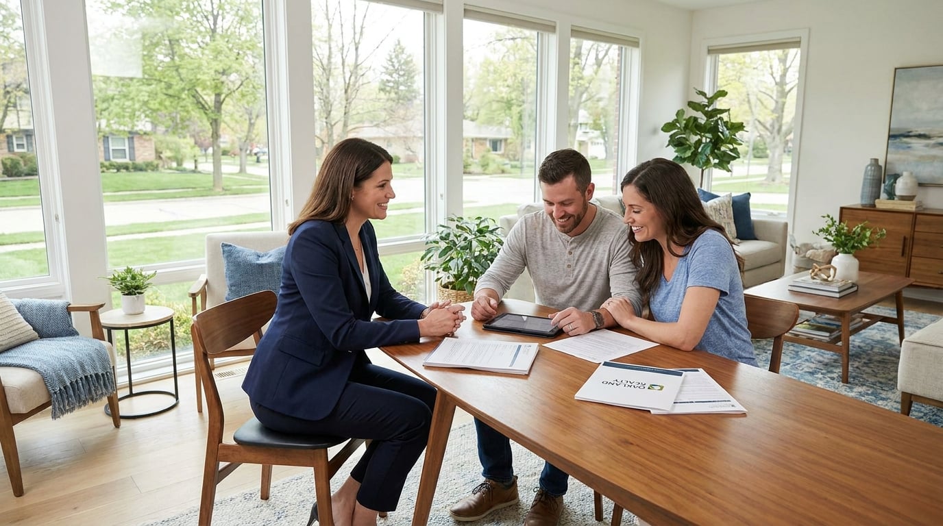 Real estate agent reviewing documents with a couple at a table in a Farmington Hills Michigan home