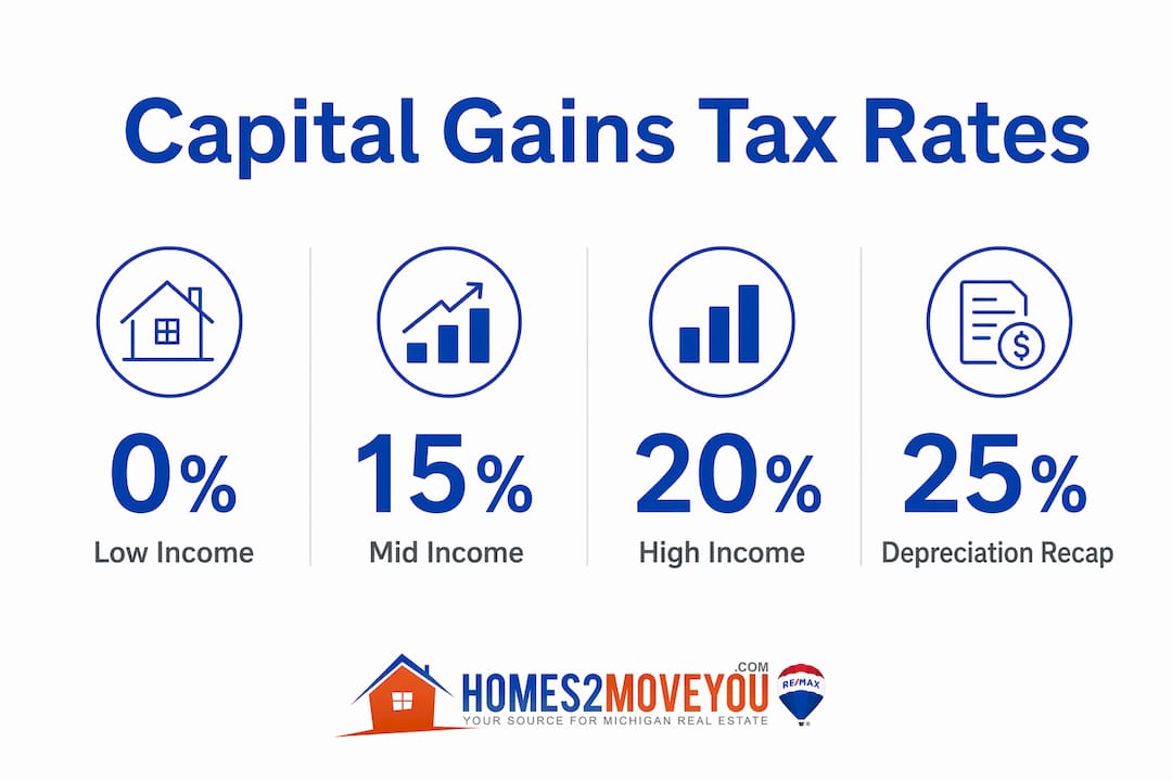 Infographic showing capital gains tax rates of 0%, 15%, 20%, and 25% depreciation recapture for Michigan real estate sellers