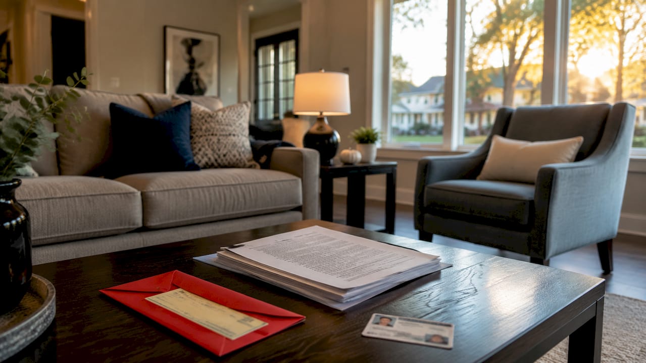 Closing day documents, checkbook, and photo ID on a table in a Farmington Hills Michigan home