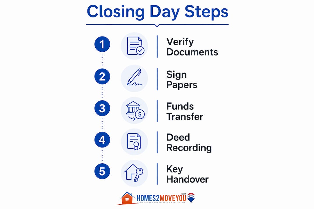 Five-step infographic showing closing day process: verify documents, sign papers, funds transfer, deed recording, key handover