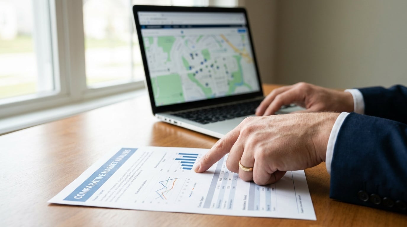 Real estate agent reviewing a comparative market analysis report next to a laptop showing a neighborhood map