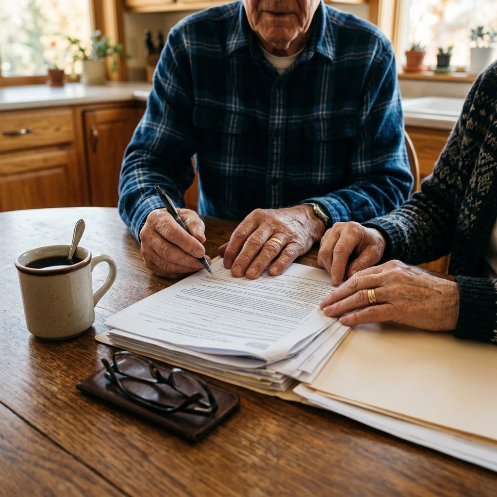 Close-up of hands reviewing paperwork and coffee at a kitchen table, representing a home sale decision
