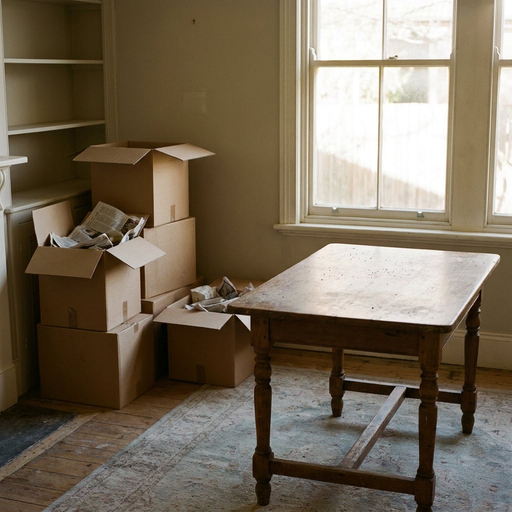Quiet home interior with moving boxes and sunlight, representing a property in transition through inheritance