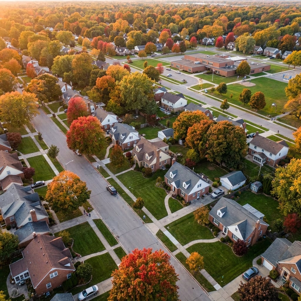 Aerial view of a tree-lined, established residential neighborhood in Oakland County Michigan