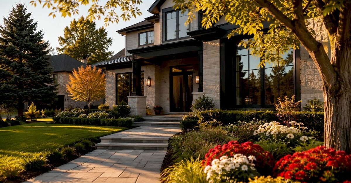 Modern two-story new construction home with stone exterior and landscaped front yard in a Farmington Hills, Michigan neighborhood