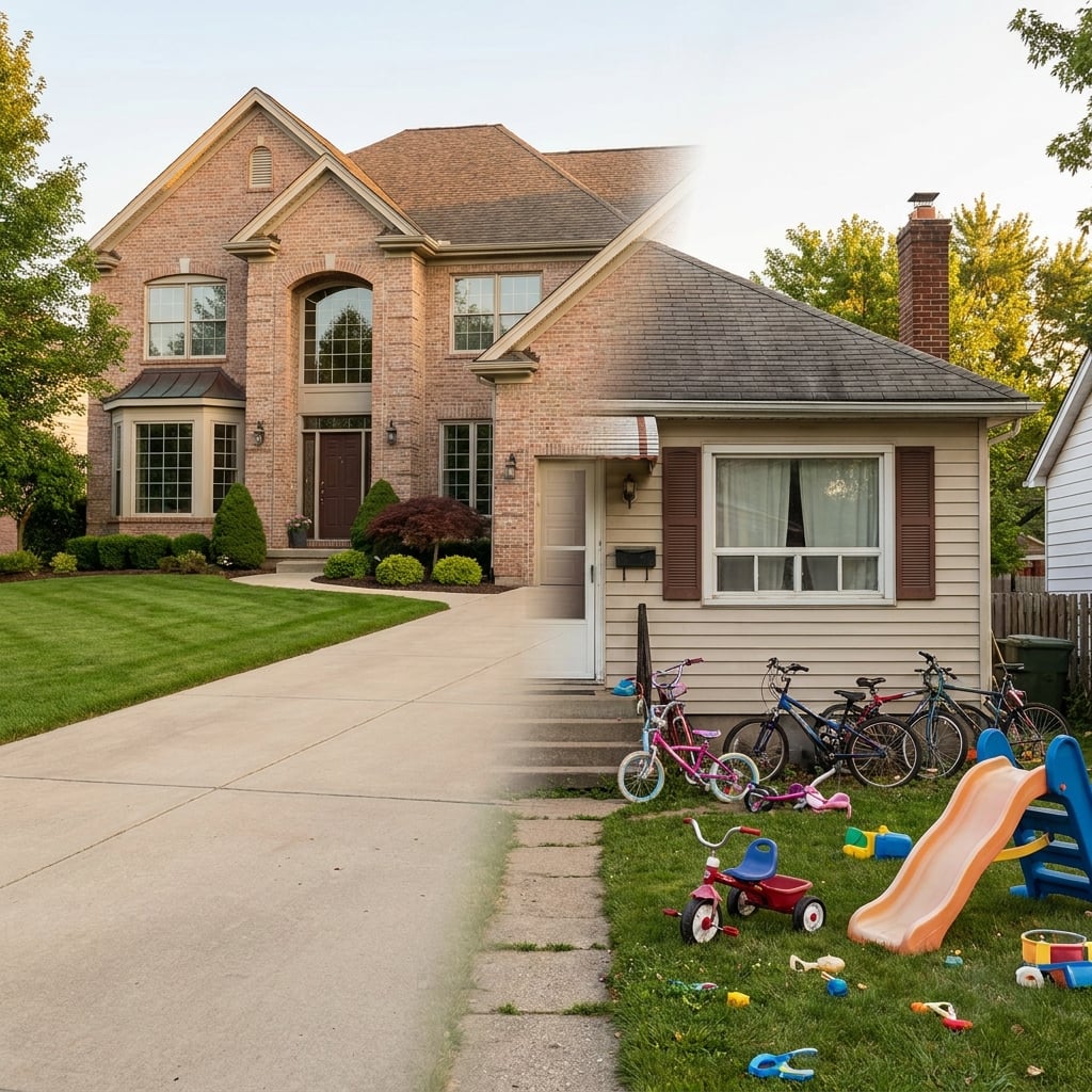 Visual contrast between a large empty-nest home and a smaller starter home with children's bicycles in the yard