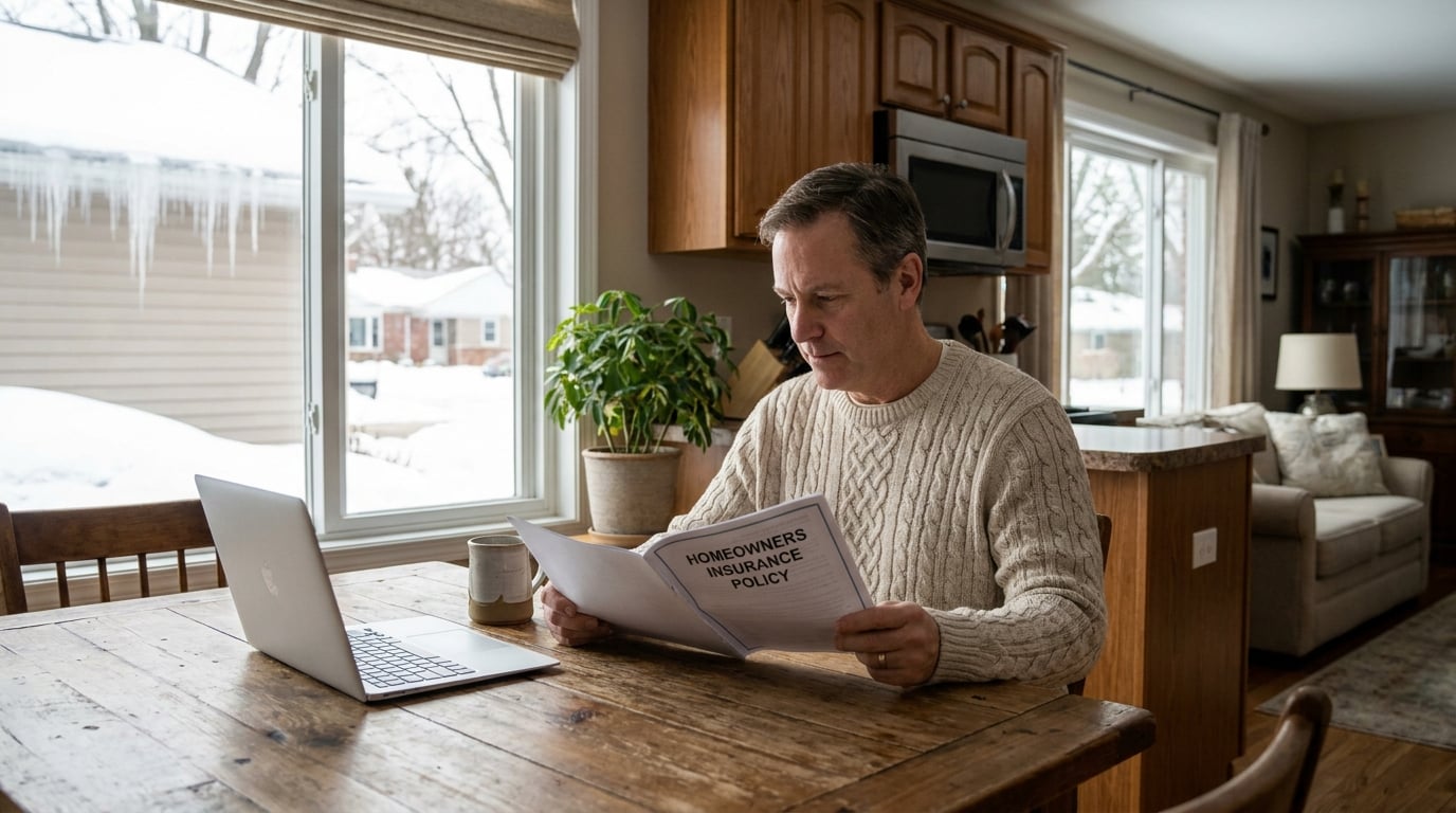 Man reviewing homeowners insurance policy document at kitchen table with snowy Michigan winter scene visible through window
