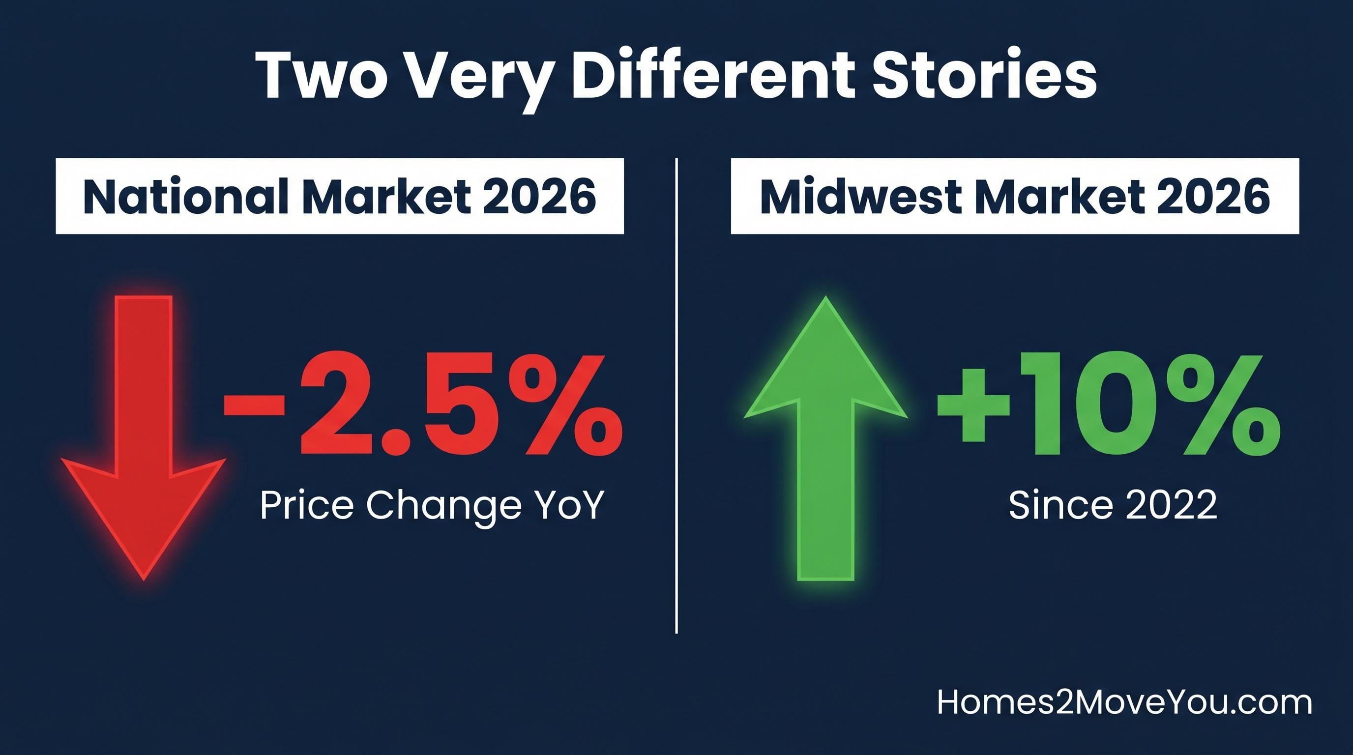National housing market down 2.5% year over year versus Midwest market up 10% since 2022 — Two Very Different Stories infographic — Oakland County Michigan real estate 2026 — Homes2MoveYou.com