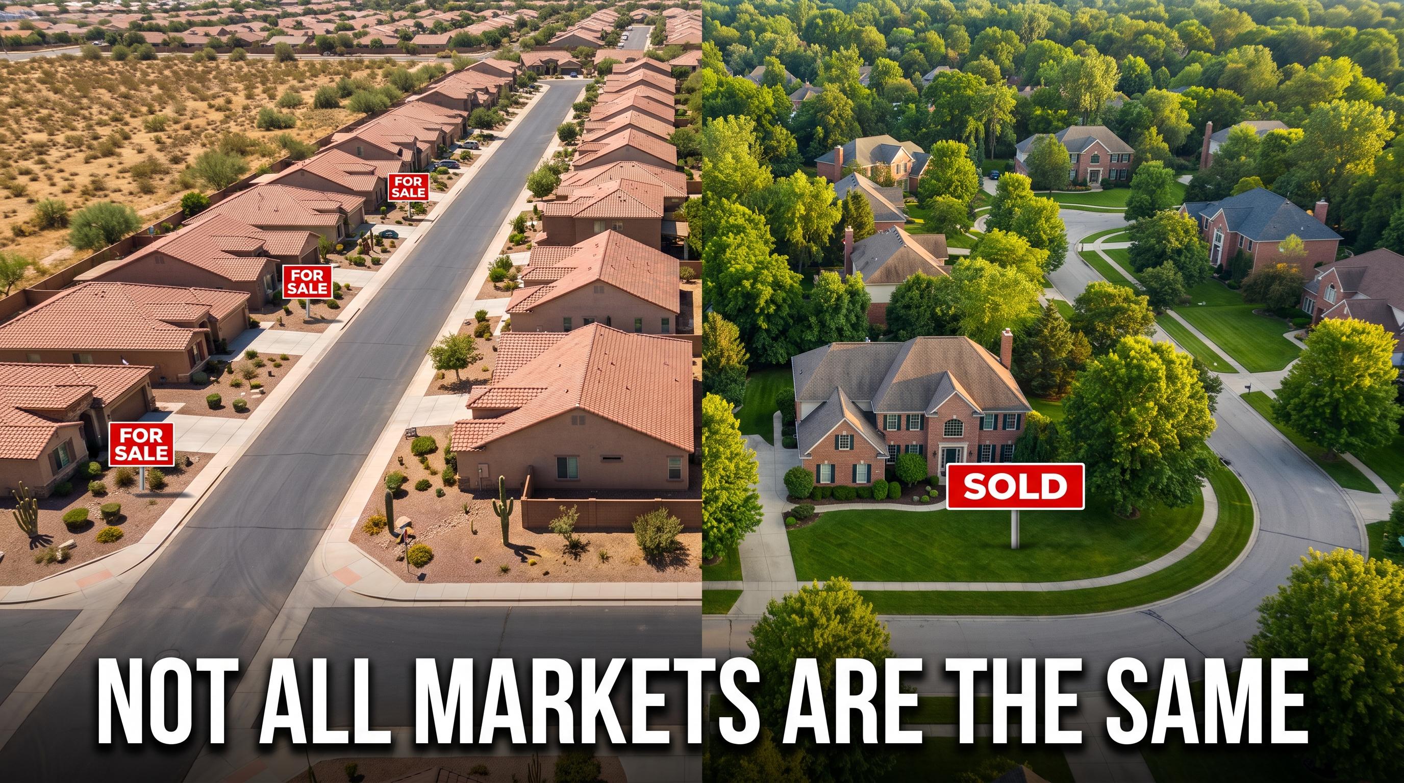 Split aerial comparison of Arizona Sun Belt housing market with multiple For Sale signs versus lush Oakland County Michigan neighborhood with Sold sign — Not All Markets Are The Same — Tom Gilliam RE/MAX Classic 2026