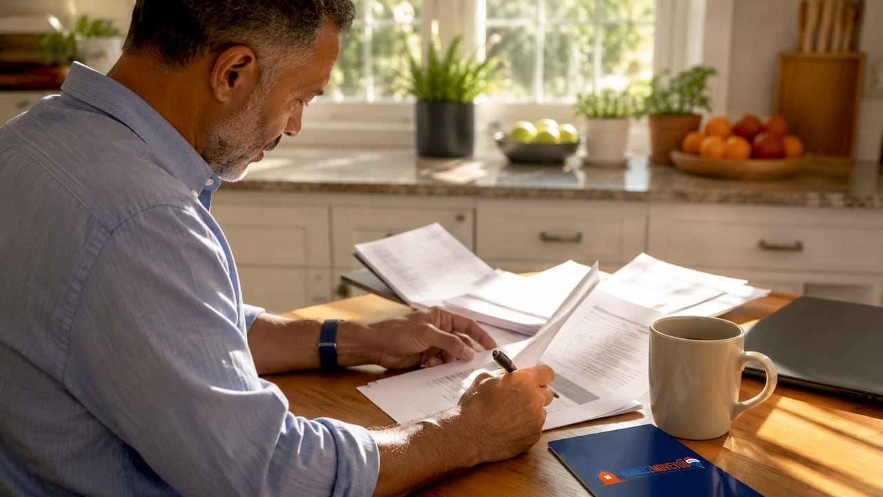 Man signing real estate closing documents at kitchen table with Homes2MoveYou folder