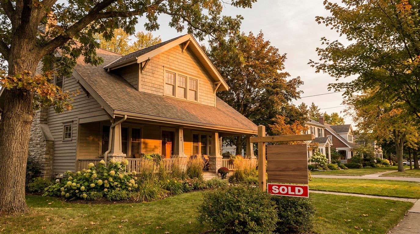 Two-story Michigan home exterior with a sold sign in the front yard at golden hour