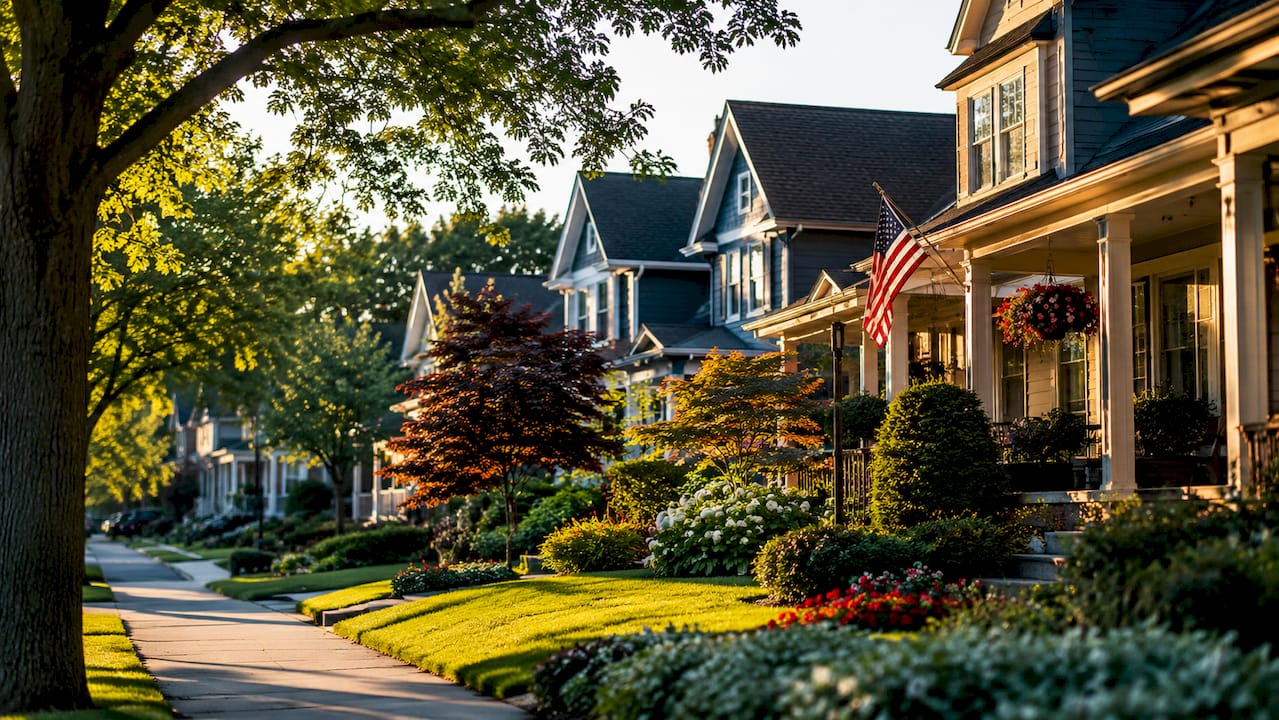 Tree-lined residential street with American flag and landscaped homes in Oakland County Michigan