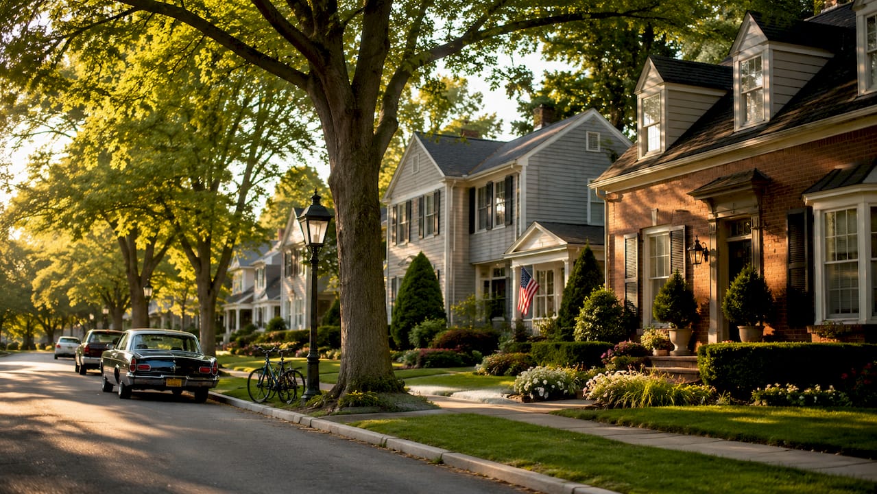 Tree-lined residential street with single-family homes in an Oakland County, Michigan neighborhood