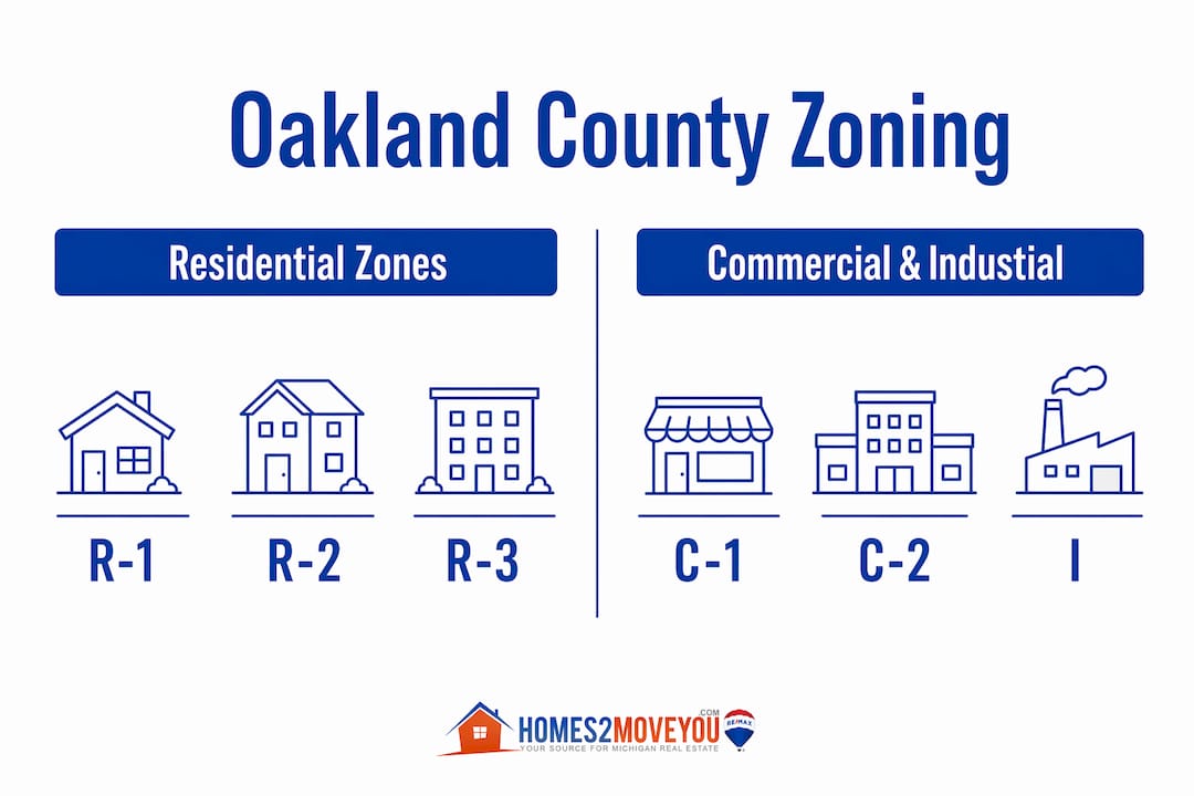 Infographic showing Oakland County residential zones R-1, R-2, R-3 and commercial/industrial zones C-1, C-2, I