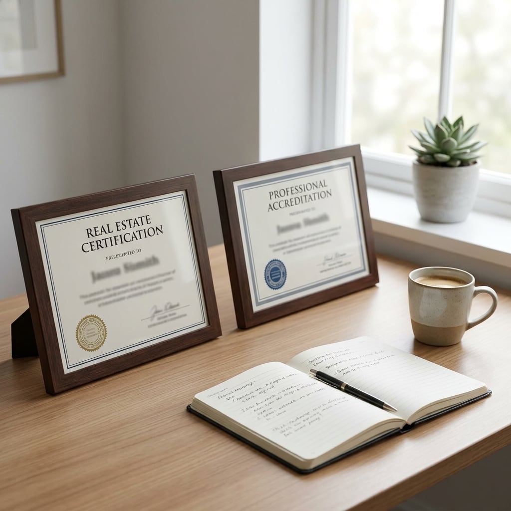Framed real estate certification and professional accreditation displayed on a desk with a notebook and coffee