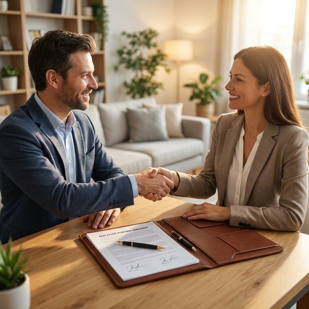 Real estate agent and client shaking hands over a signed purchase agreement in a bright living room
