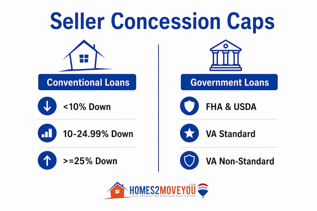 Infographic showing seller concession limits for conventional loans by down payment percentage and government loans including FHA, USDA, and VA