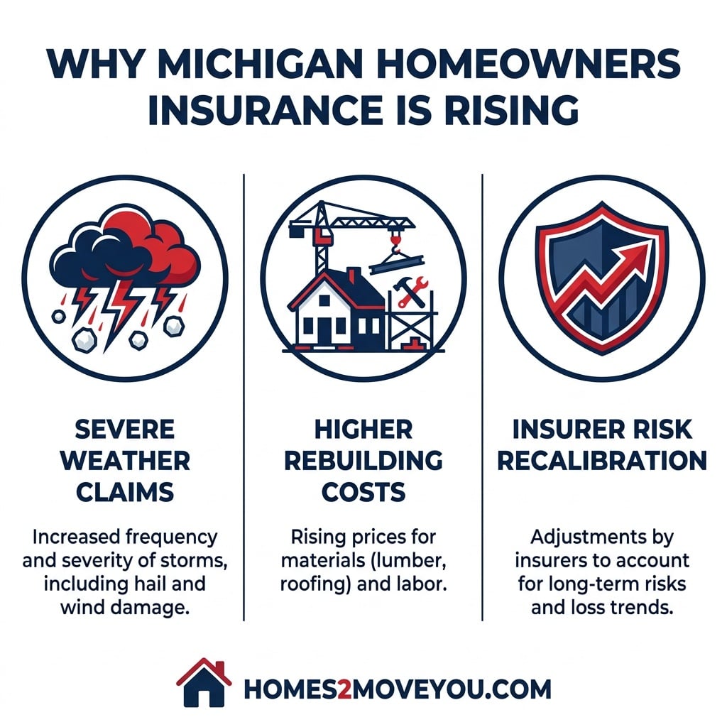  Infographic showing three reasons Michigan homeowners insurance is rising: severe weather claims, higher rebuilding costs, and insurer risk recalibration