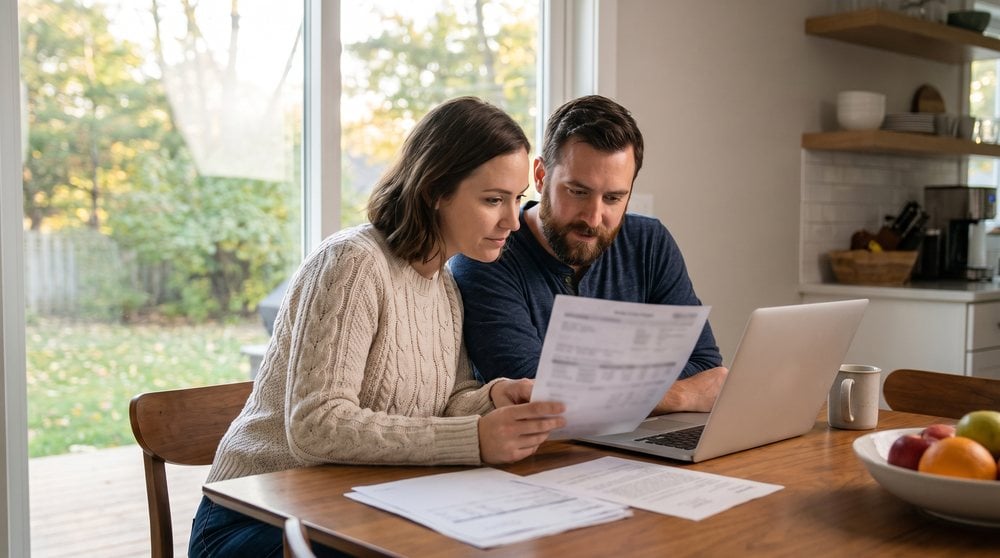 Couple reviewing a property tax bill and laptop at a kitchen table to confirm a home's school district