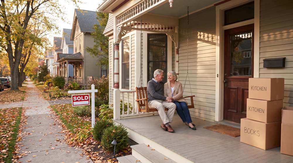 Senior couple on the porch swing of a Victorian home with a SOLD sign in the yard and packed moving boxes by the door, illustrating downsizing in Northville, Michigan