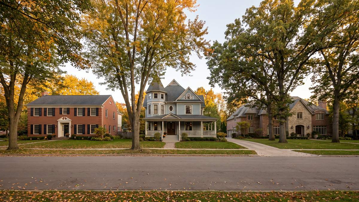 Three styles of homes on a tree-lined Oakland County, Michigan street in early autumn, representing the Farmington Hills, Northville, and Bloomfield Hills markets