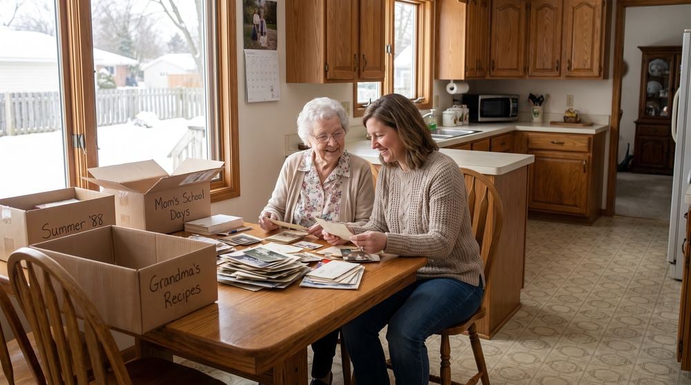 Adult daughter and her elderly mother sorting family photos and keepsakes into labeled boxes at a kitchen table before downsizing
