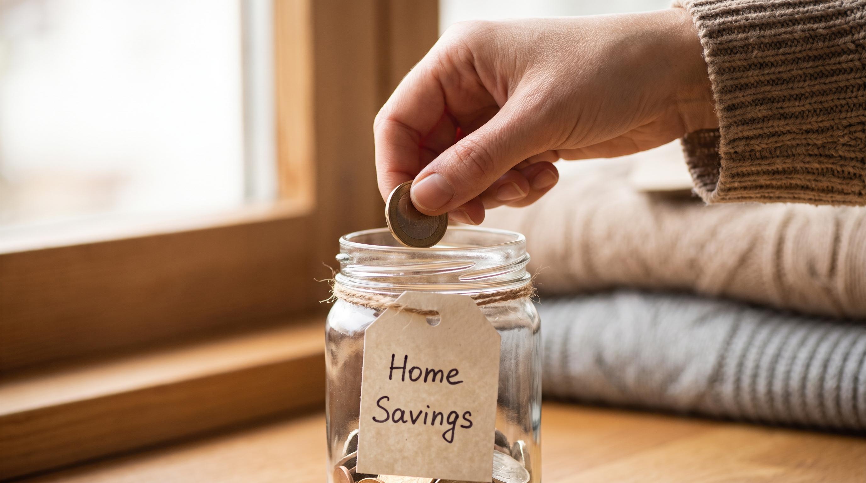 Coins in a savings jar labeled home savings for a down payment