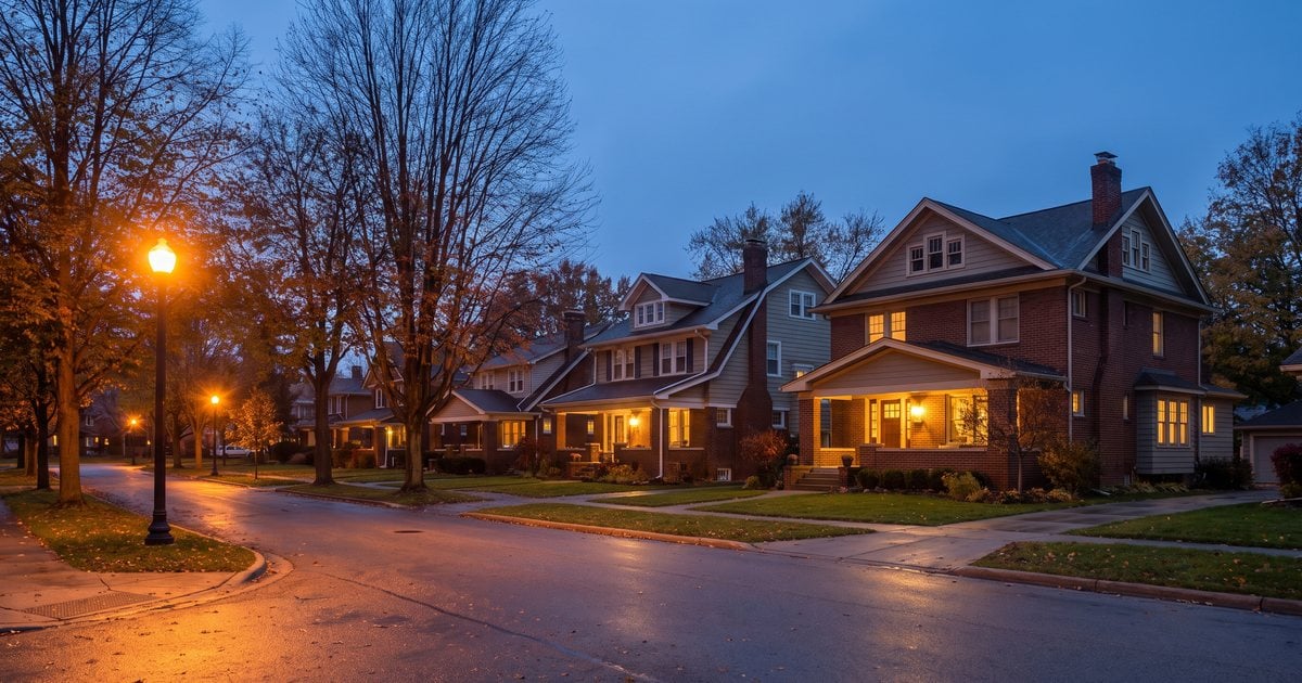 Suburban Oakland County street at dusk with porch lights on