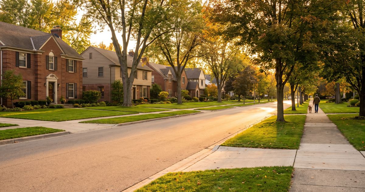 Quiet suburban neighborhood street in Farmington Hills, Michigan at golden hour