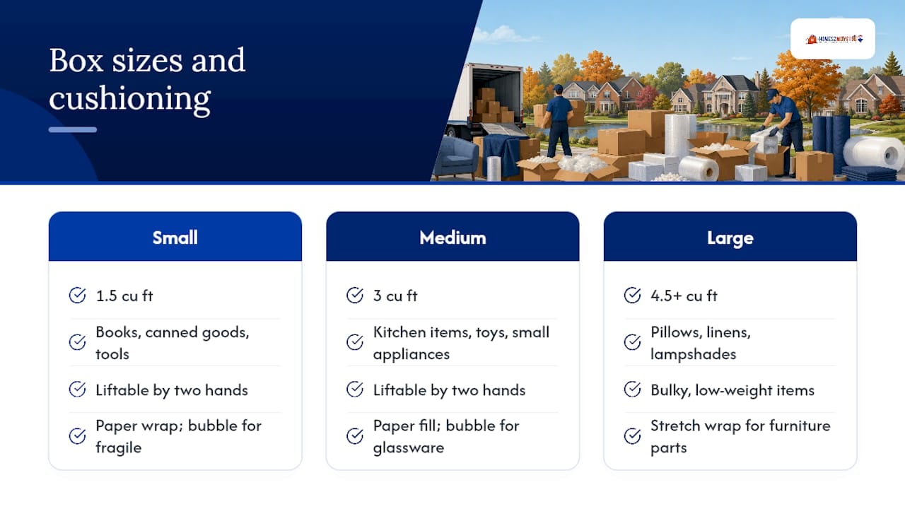 Moving box sizes and cushioning guide for Oakland County movers