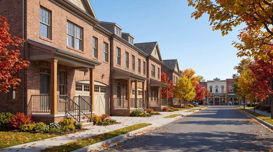 Brick townhomes with covered porches on a tree-lined street near a historic downtown, a common downsizing choice near Northville, Michigan