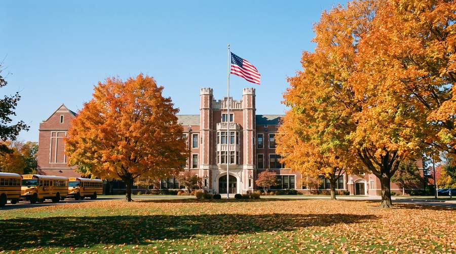 Brick suburban high school with fall trees and school buses, illustrating how school districts serve homes across Oakland County city lines