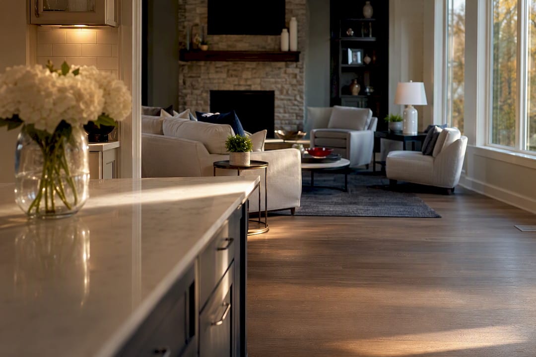 Staged kitchen island with fresh flowers and an open living room with fireplace, showing cosmetic styling details in a finished Oakland County home