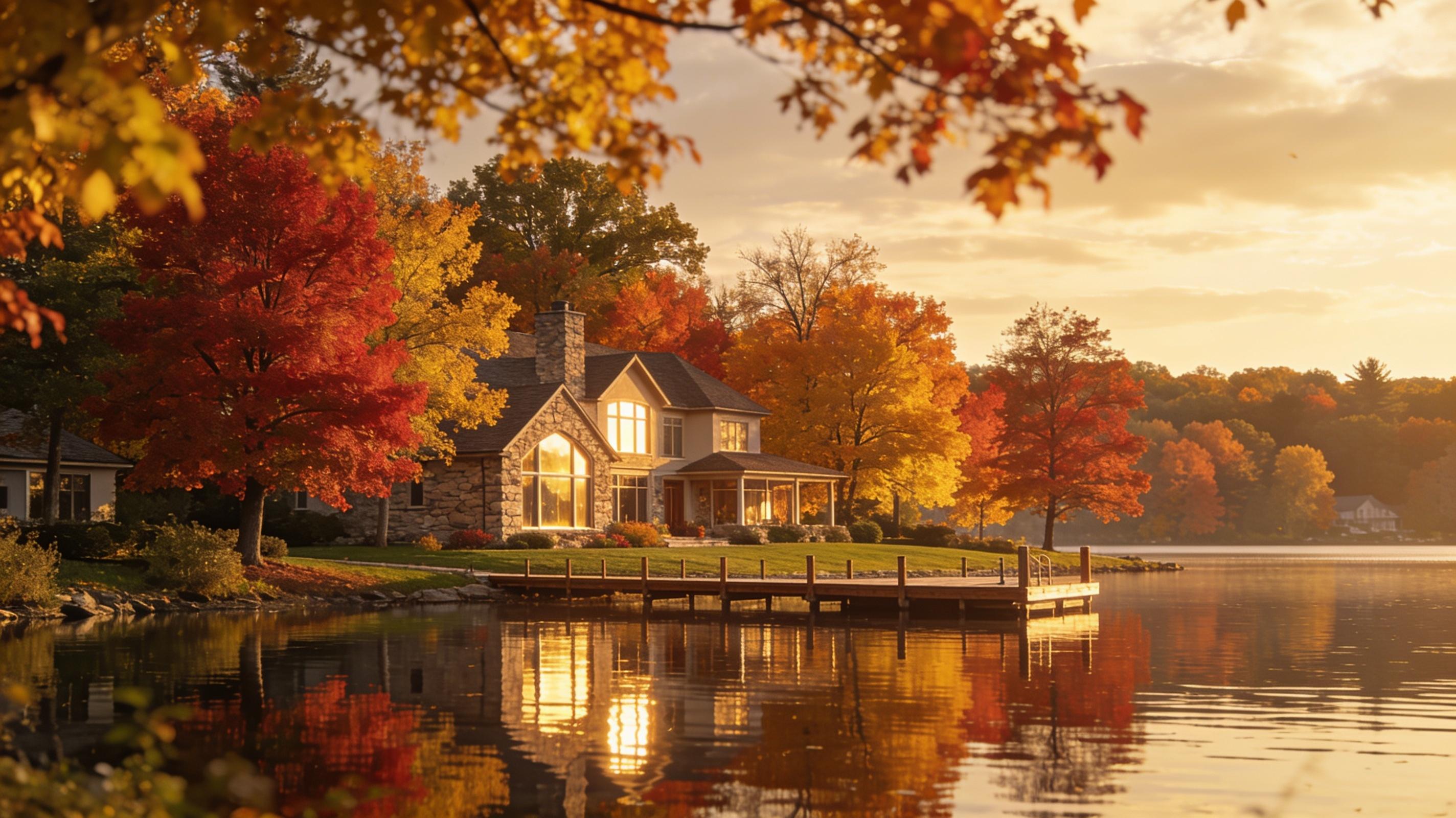 Lakefront home with private dock on an Oakland County Michigan lake at golden hour