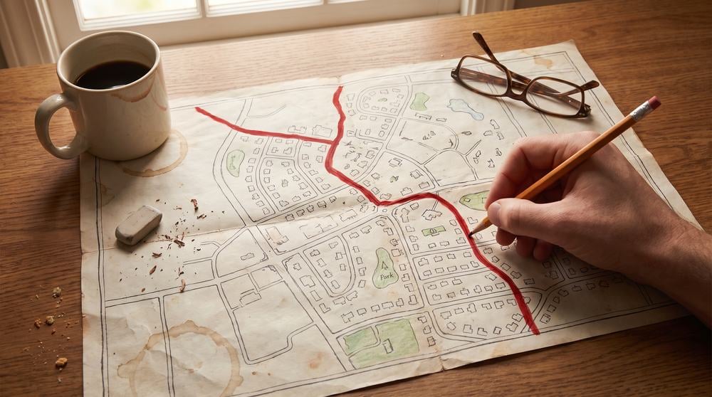 Hand-drawn neighborhood map with a red boundary line cutting across streets, showing how school district lines differ from city lines in Oakland County