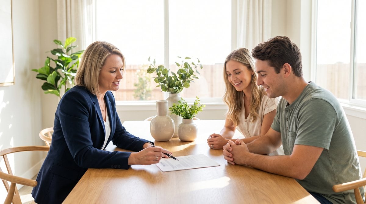 Real estate agent in a navy blazer reviewing loan options with a smiling young couple at a sunlit dining table