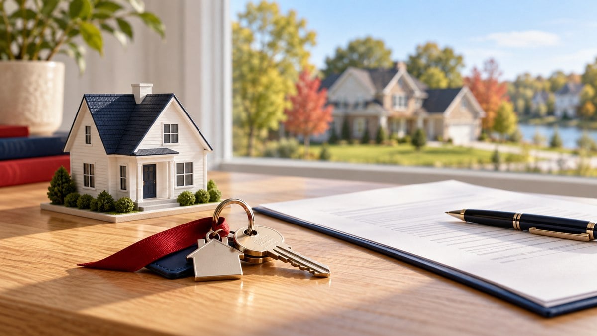 House model, keys and mortgage paperwork on a desk.